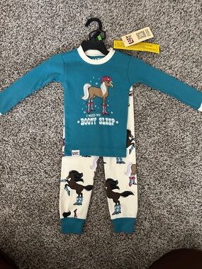 Lazy One Booty Sleep Girls Pajama Set Teal Blue Top + Cream Horse Print Pants 2T